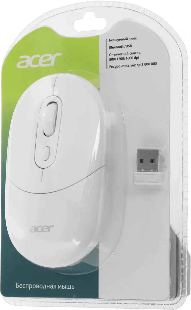 Мышь Acer OMR301, оптическая 1600 dpi, BT/2.4GHz, бесшумная, белая — 2