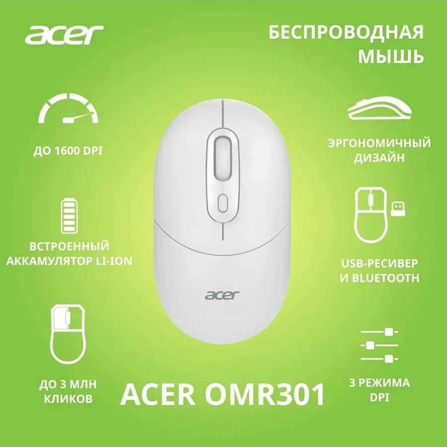 Мышь Acer OMR301, оптическая 1600 dpi, BT/2.4GHz, бесшумная, белая — 5