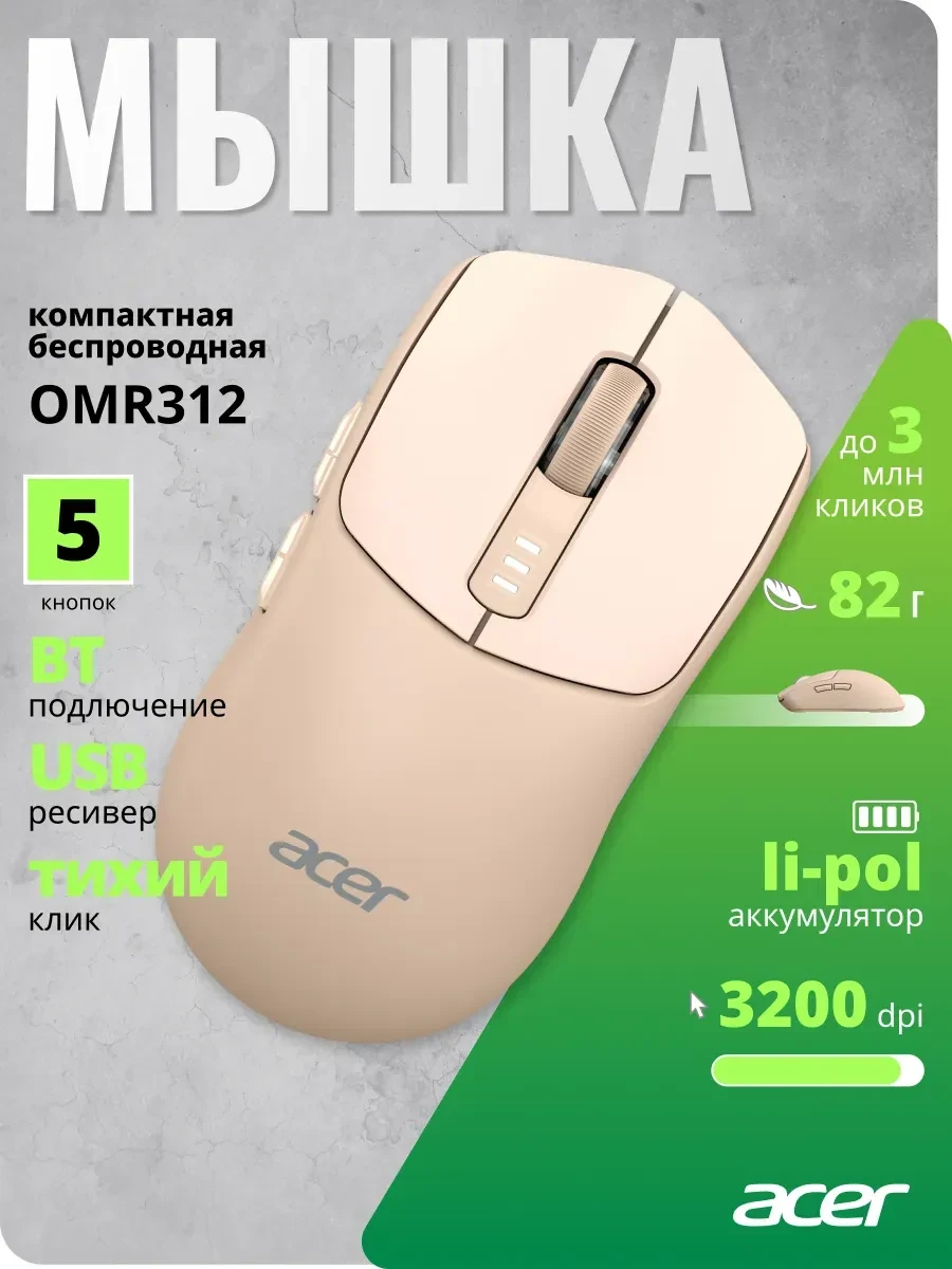 Мышь Acer OMR312, оптическая, 3200DPI, Bluetooth/Radio, розовая