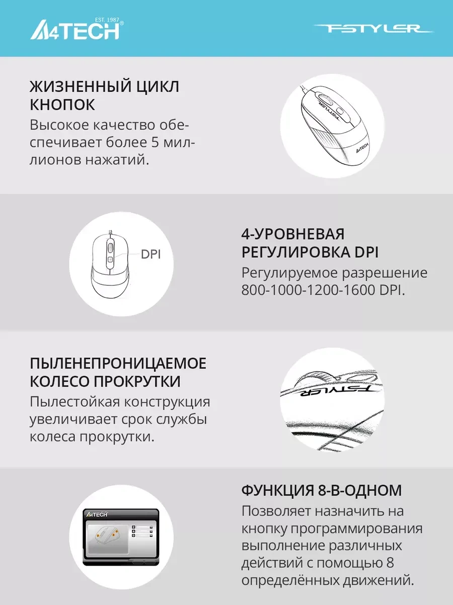 Мышь A4tech Fstyler FM10, USB, серая — 3