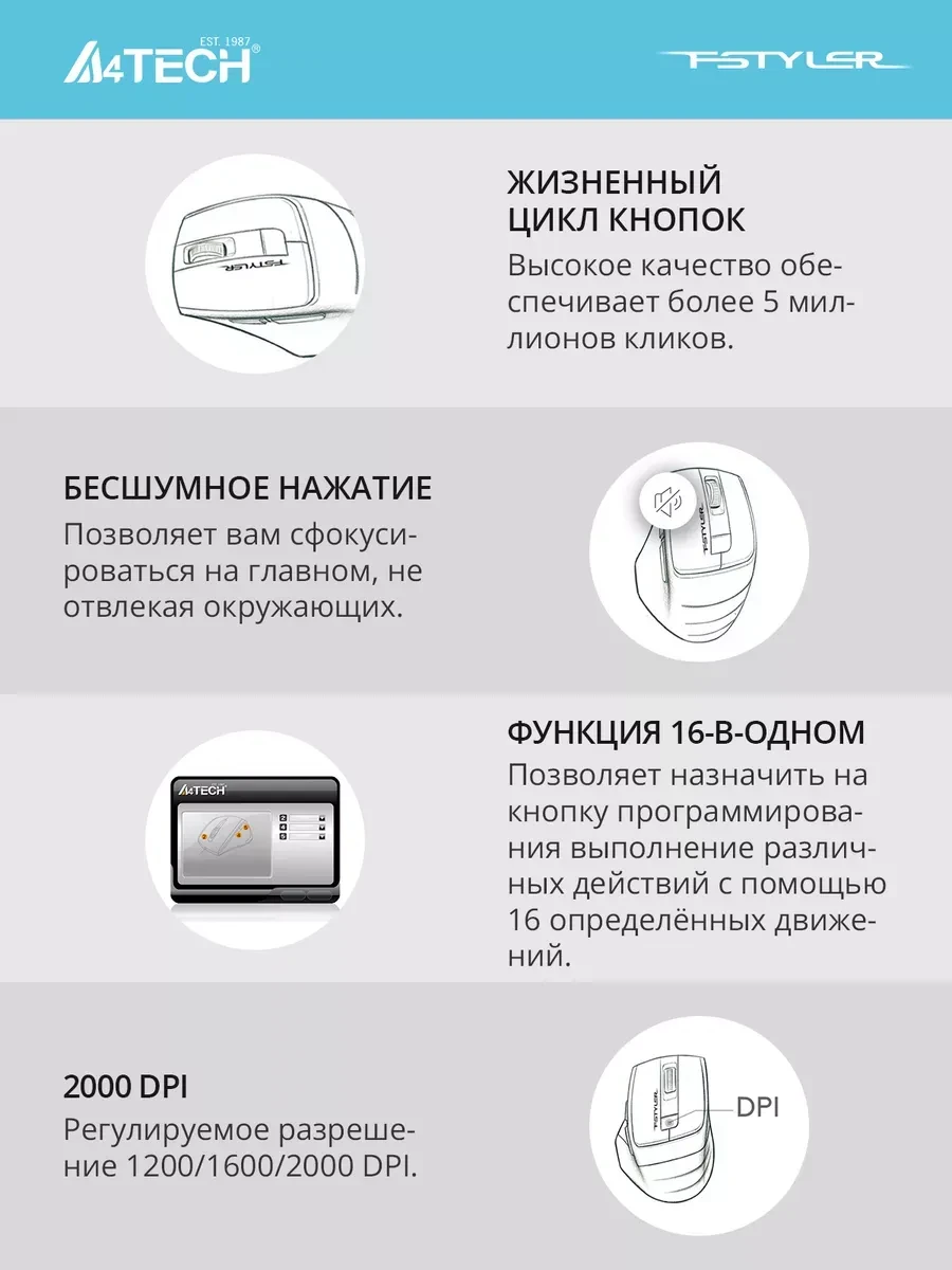 Мышь A4tech Fstyler FG30S, беспроводная, серая — 4