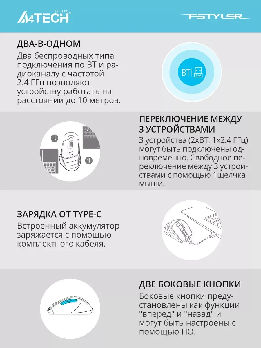 Мышь A4tech Fstyler FB35C, беспроводная, серая — 3