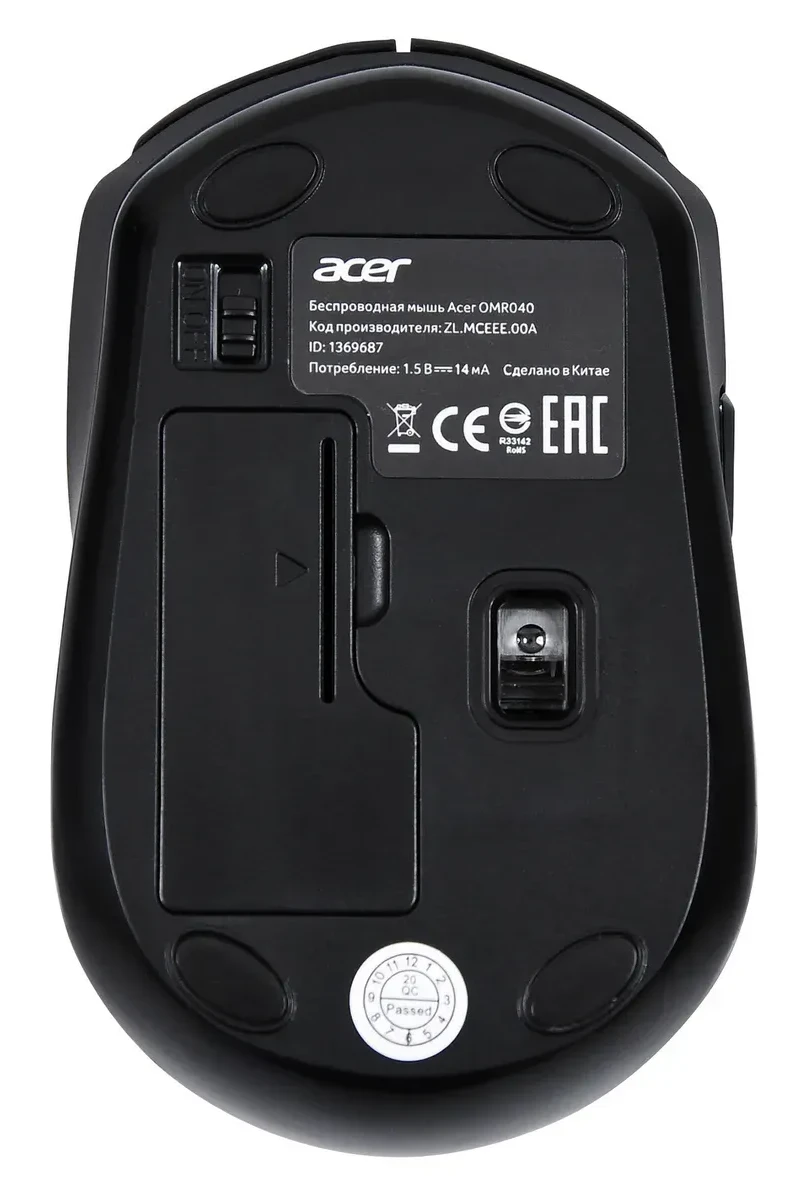 Мышь Acer OMR040, оптическая, 1600DPI, беспроводная, чёрная — 3