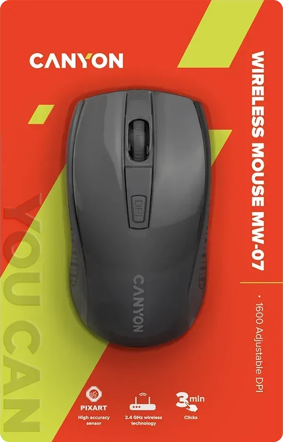 Мышь CANYON MW-7, 2.4GHz, 6 кнопок, DPI 800-1600, черная — 2