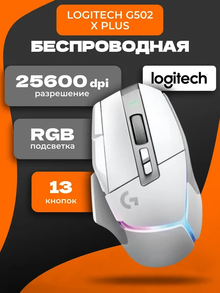 Мышь Logitech G502 X PLUS, беспроводная, RGB, White