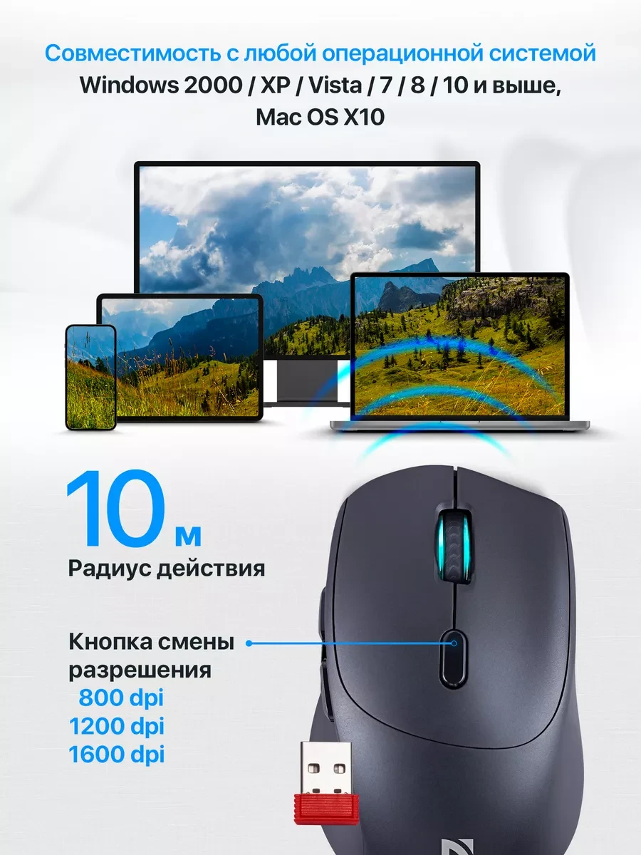 Мышь Defender Effect X MS-095, беспроводная, 800-1600 DPI — 3