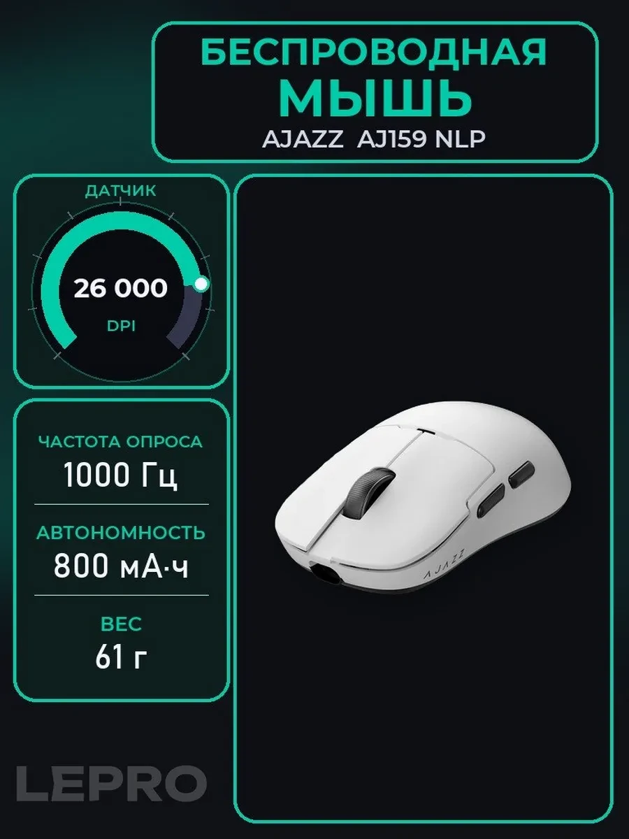 Мышь Ajazz AJ159 NLP, White, Wireless, Wired, Optical, 26000dpi, 800mAh, BT, 2.4GHz, USB