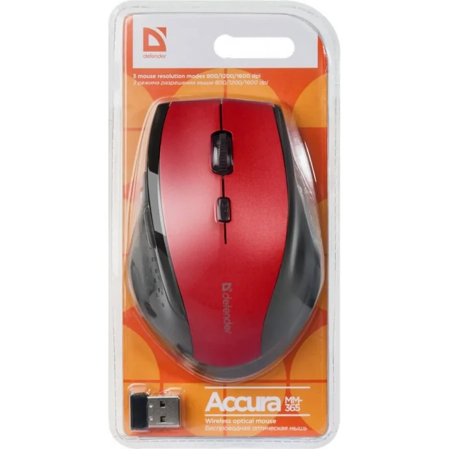 Мышь Defender Accura MM-365, Red, Wireless, Optical, 1600dpi, 2 x AAA, USB — 2