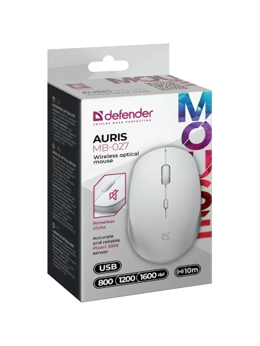 Мышь Defender Auris MB-027, White, Wireless, Optical, 1600dpi, 1xAA, USB — 2