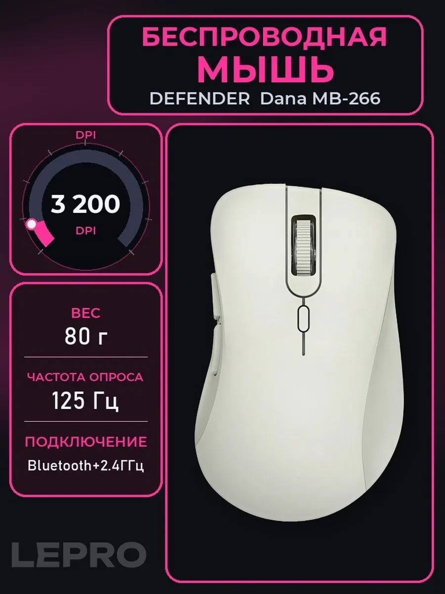Мышь Defender Dana MB-266, Gray, Wireless, Optical, 3200dpi, BT, 2.4GHz, 500mAh, USB