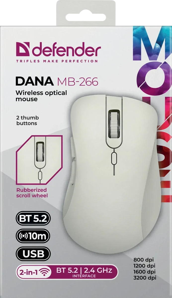 Мышь Defender Dana MB-266, Gray, Wireless, Optical, 3200dpi, BT, 2.4GHz, 500mAh, USB — 3