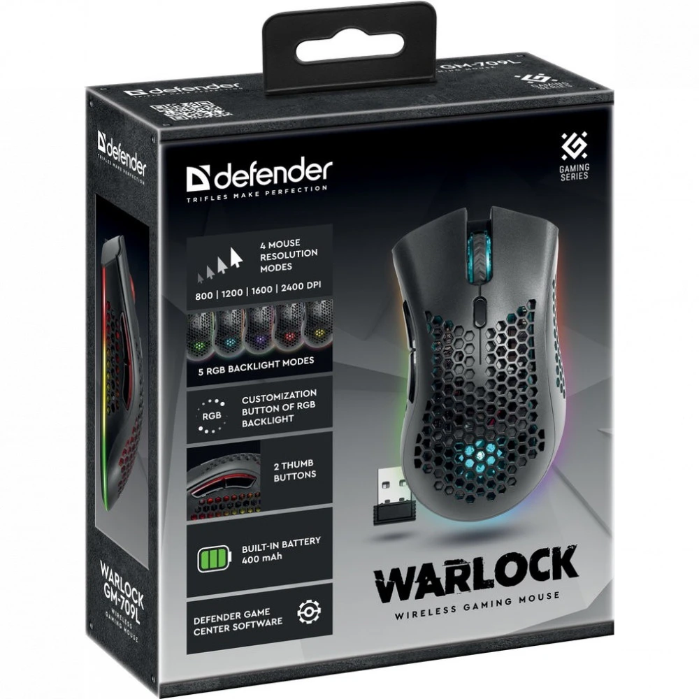 Мышь Defender Warlock GM-709L, Black, Wireless, Gaming, Optical, 2400dpi, 400mAh, RGB backlight, USB — 4