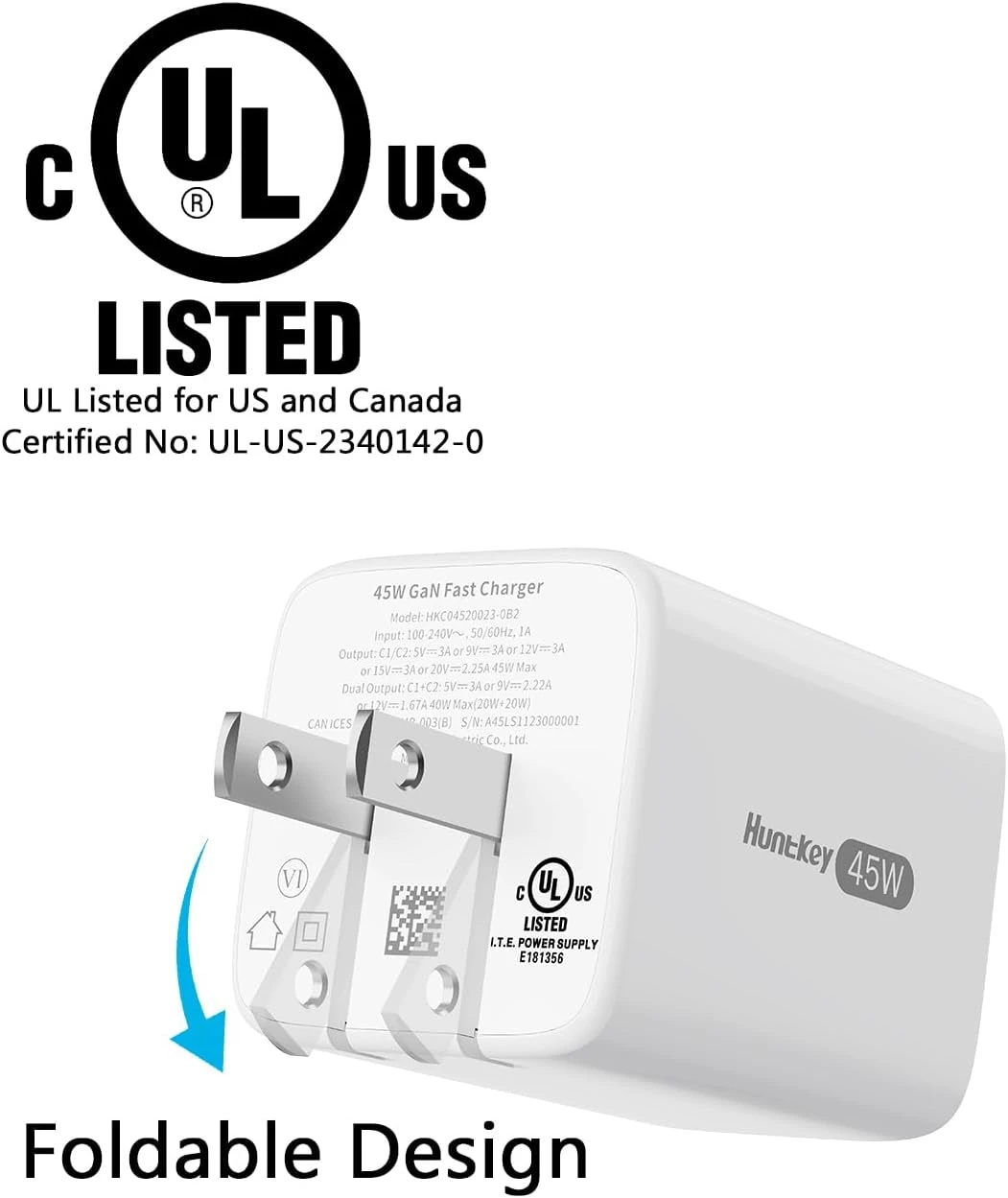Зарядное устройство Huntkey G45, 45W, Input 100-240V~50/60Hz, Output: 5V/3A-20V2.25A, Port: 1C — 3