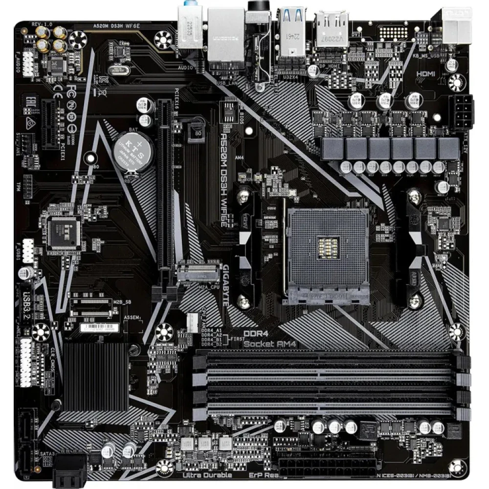 Материнская плата GIGABYTE A520M DS3H WF6E, AM4, 4xDDR4, PCIe3.0, DP+HDMI, BT, 4xSATA, M.2, mATX
