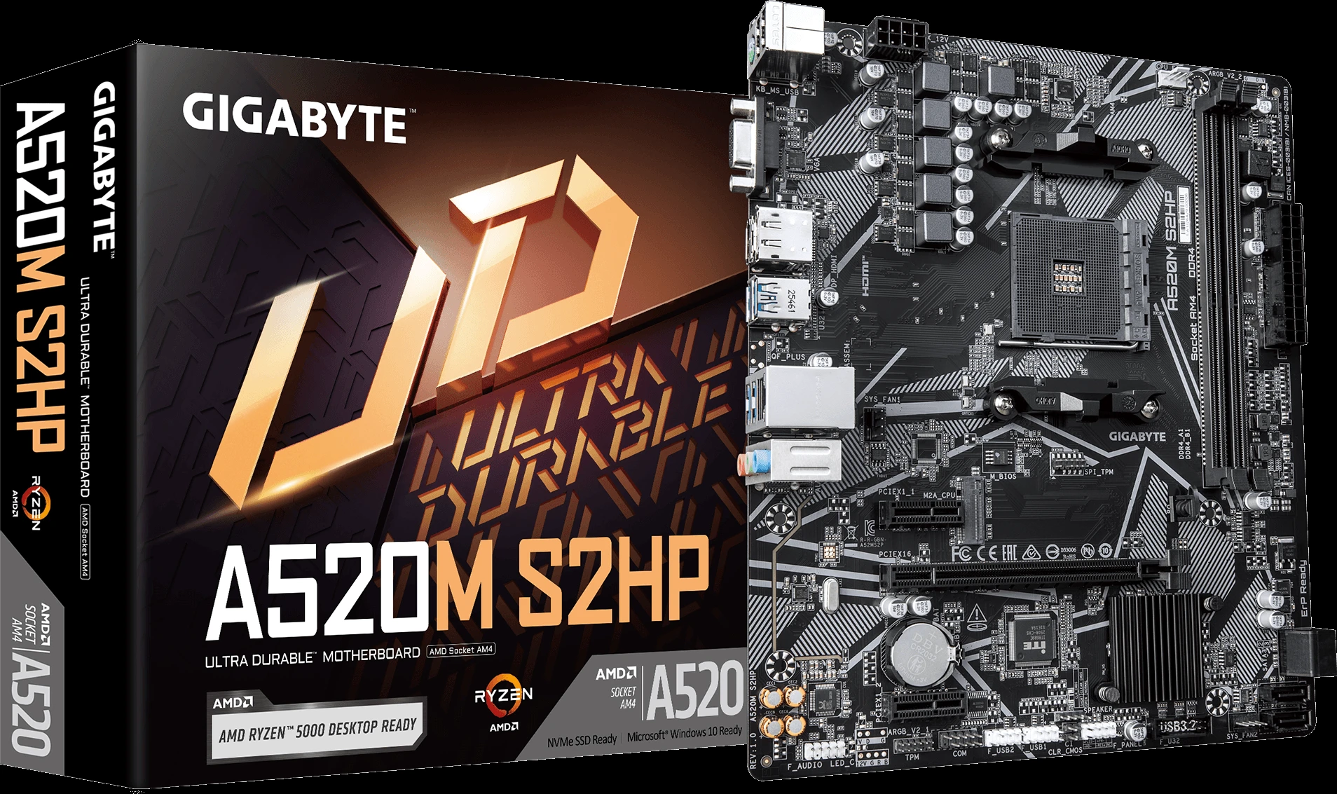 Материнская плата GIGABYTE A520M S2HP, AM4, 2xDDR4, PCIe3.0, VGA+DVI+HDMI, 4xSATA, M.2, GLAN, mATX