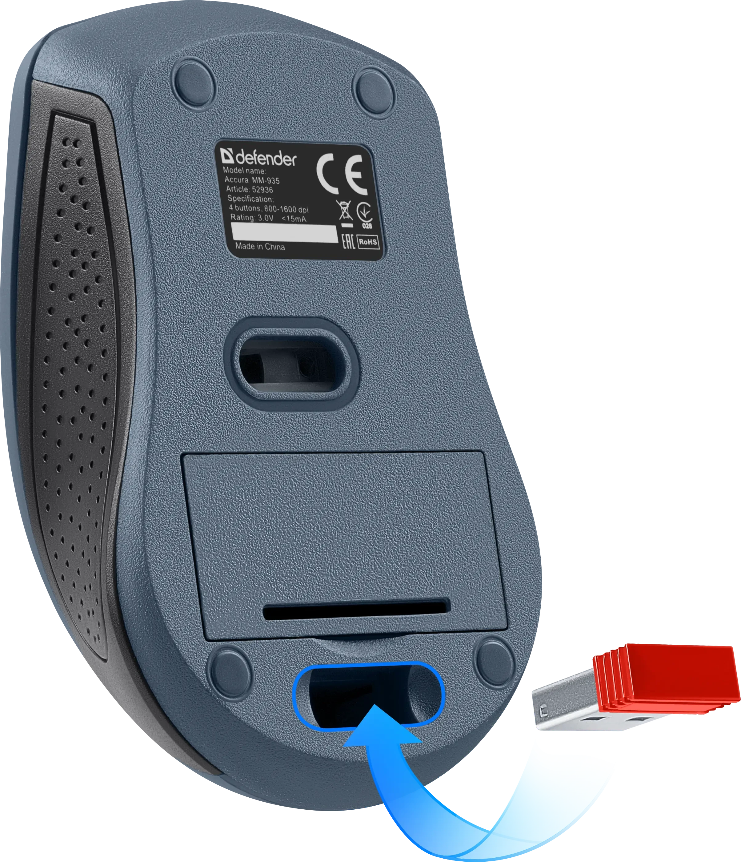 Мышь Defender Accura MM-935 (52936), 3key+колесо, Optical 800-1600dpi, 2AAA, Wireless/USB, серый — 4