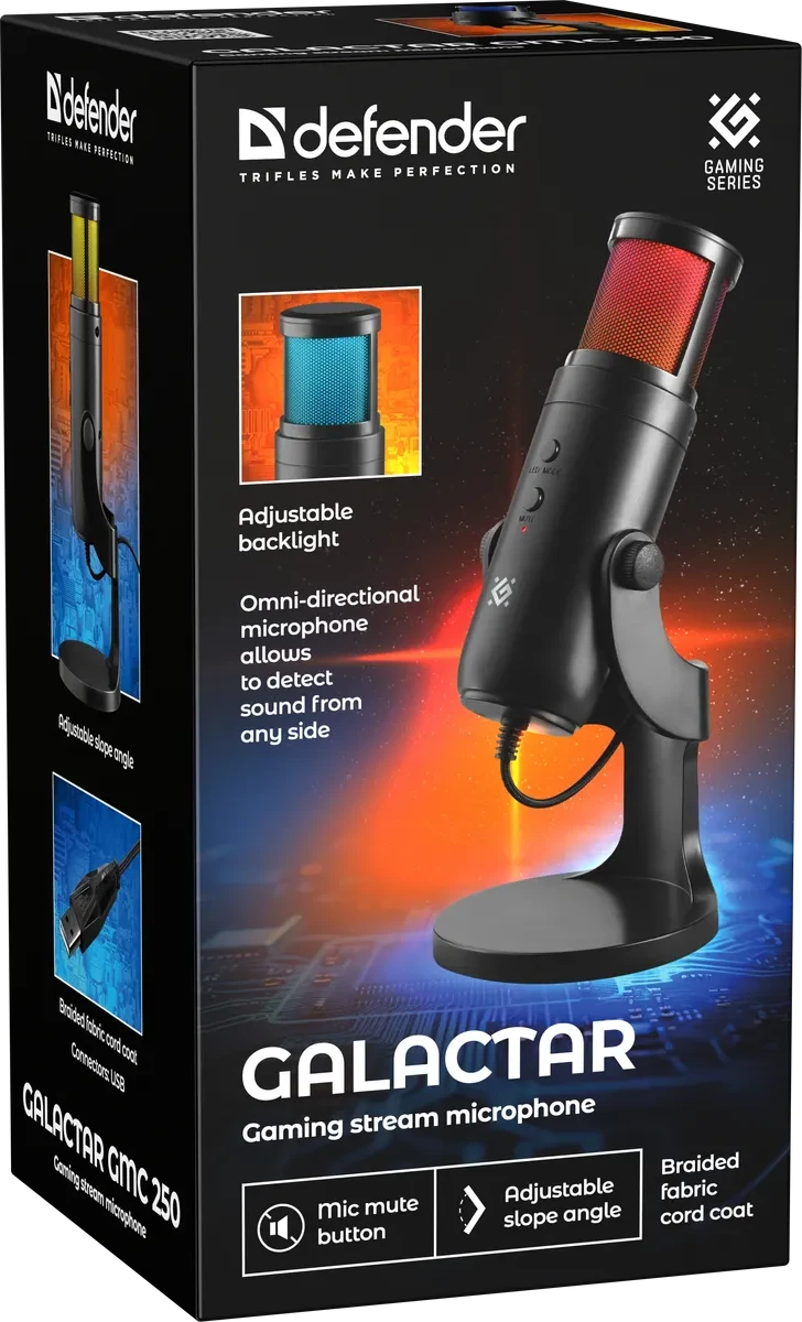 Микрофон Defender Galactar GMC 250, 20Hz-20kHz, -32dB/mkb, 2200 Om, 1.5m, USB, Black — 3