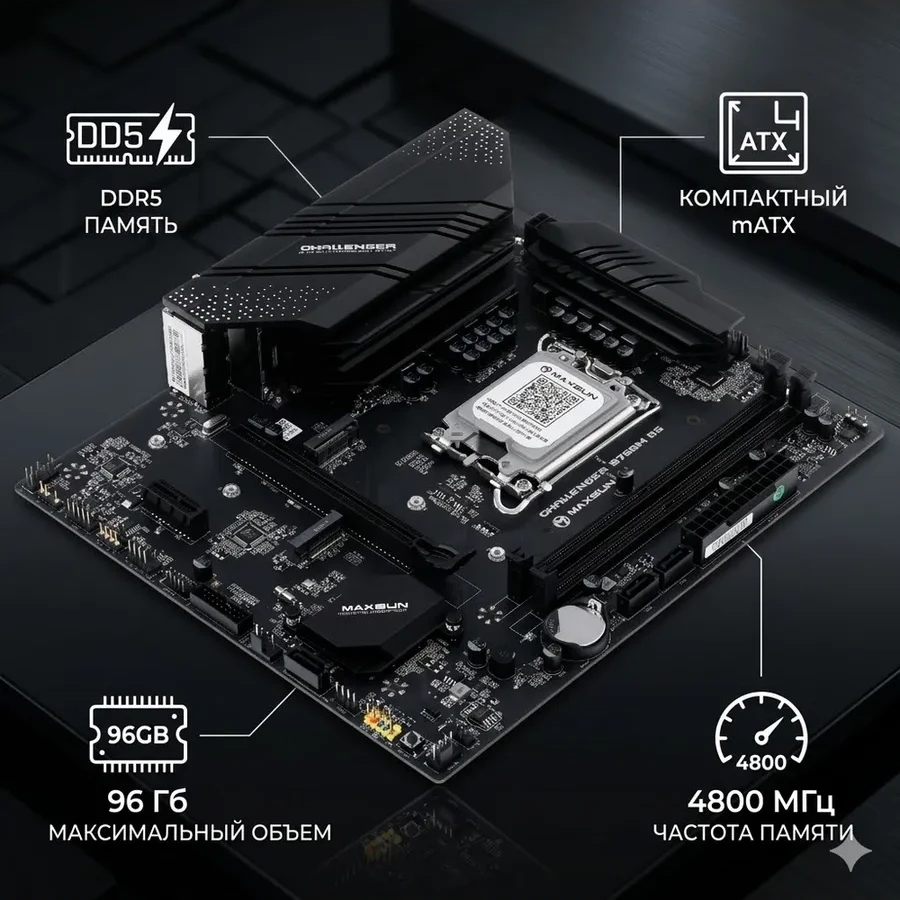 Материнская плата MaxSun Challenger B760M D5 WIFI, LGA1700, 2xDDR5, 3xSATA, 2xM.2, HDMI+VGA, mATX