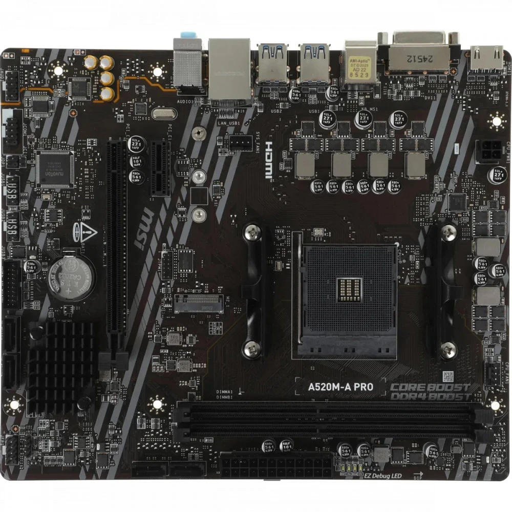Матплата MSI A520M-A PRO, AM4, mATX, 2DDR-4, 1xPCI-Ex16, 4SATA,1xM.2, DVI, HDMI, 12USB