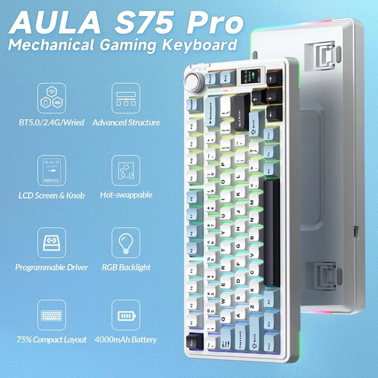Клавиатура AULA S75 Pro Light Blue+White+Black-Purple, mechanical, Seiya switch, EN, 2.4/BT/USB-C — 2