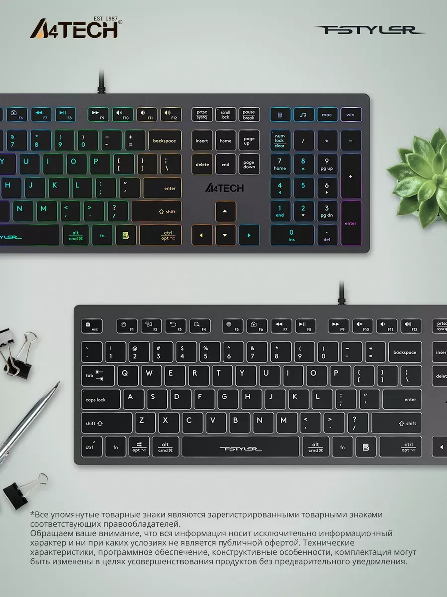 Клавиатура A4tech Fstyler FX60H, USB, белая подсветка — 4