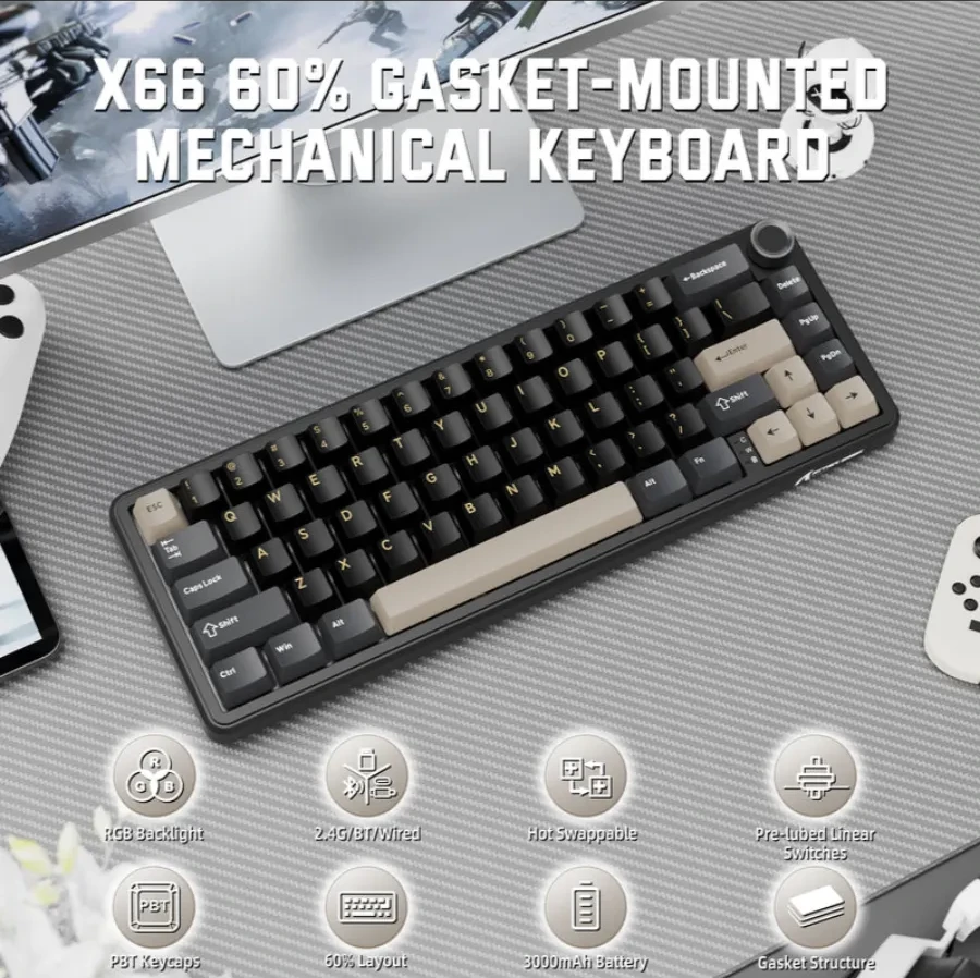 Клавиатура Attack Shark X66 Klaviatura, 66 keys, BT/2.4GHz, RGB — 2