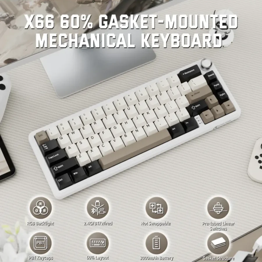 Attack Shark X66 Klaviatura, 66 keys, BT/2.4GHz, белая — 2