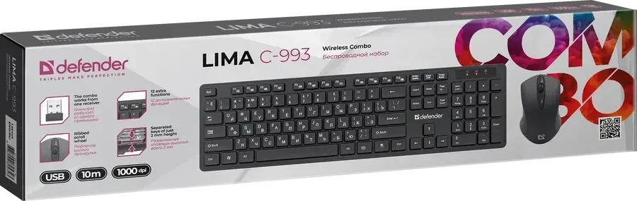 Клавиатура + mouse Wireless, Defender Lima C-993,104 keys, USB, black — 2