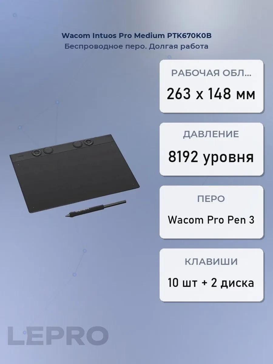 Графический планшет Wacom Intuos Pro Medium PTK670K0B, 11.5"x8.1", беспроводное перо, BT5.3, USB-C