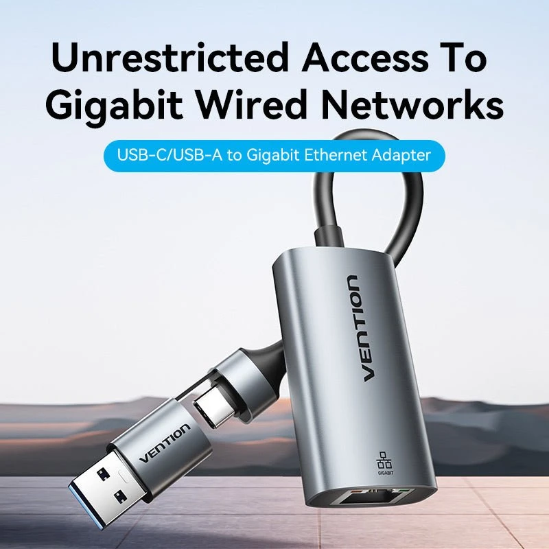 Адаптер USB Vention CFQHB <USB-C + USB-A to Gigabit Ethernet Adapter 0.15M Gray Aluminum Alloy Type> — 2