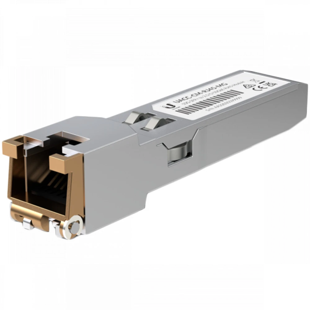 SFP-модуль Ubiquiti UACC-CM-RJ45-MG SFP+ to RJ45 adapter, 1/2.5/5/10 GbE is a RJ45 transceiver that can be inserted into an SFP port in order to connect a copper Ethernet cable