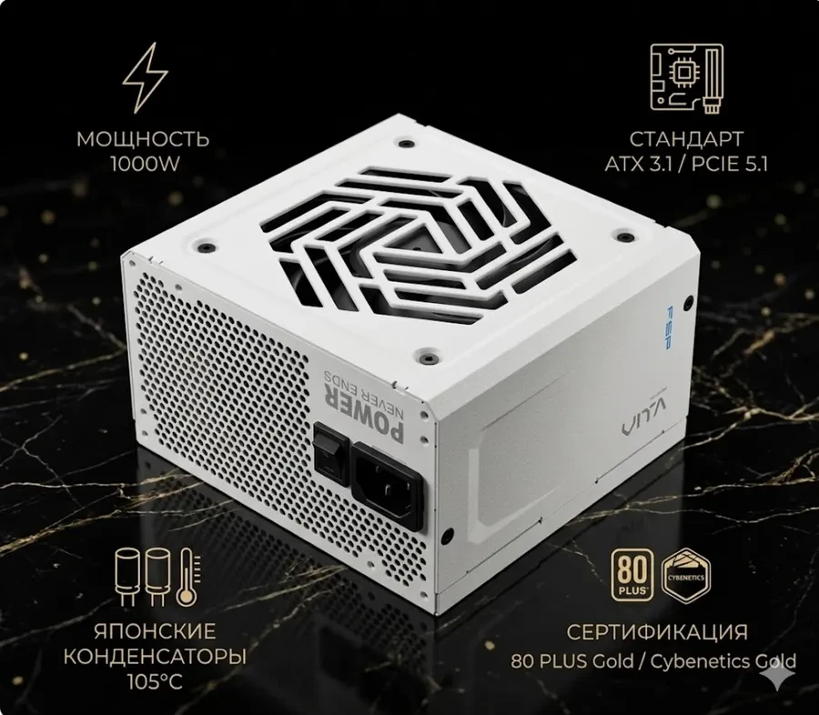 Блок питания FSP VITA-1000GM White, 1000W, 12cm, Modular, 80+ GOLD, Cybenetics GOLD, ATX3.1(PCIe5.1)
