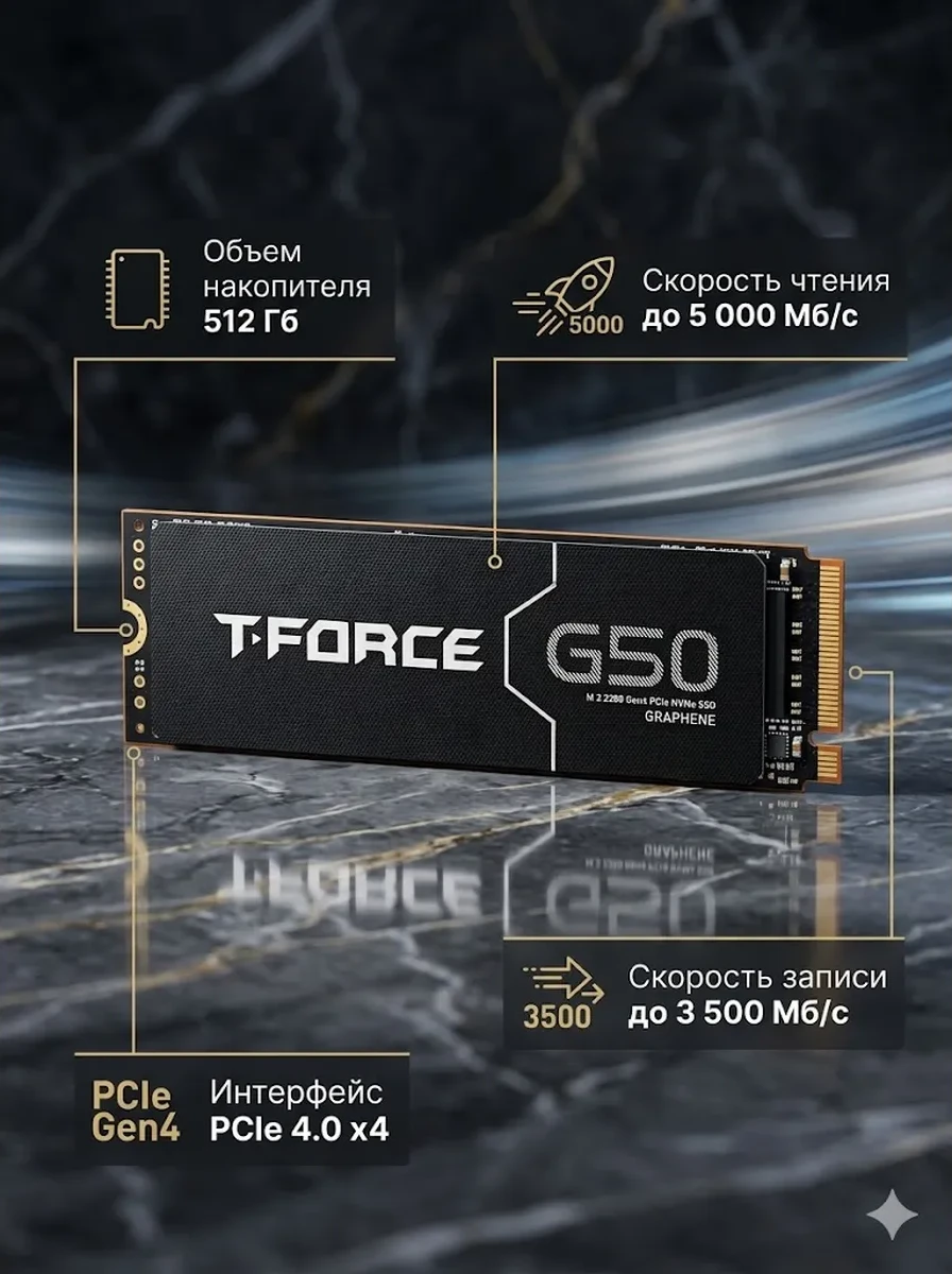 Твердотельный накопитель TeamGroup G50, 512Gb, M2, PCIe 4.0 x4, NVMe 1.4, 5000/3500Mb/s,TM8FFE512G0C129