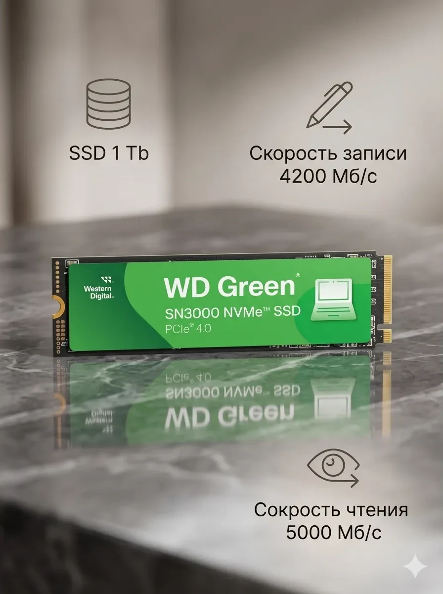 Твердотельный накопитель 1000GB SSD WD GREEN SN3000 M.2 2280 NVMe 4.0 R5000/W4200MB/s WDS100T4G0E