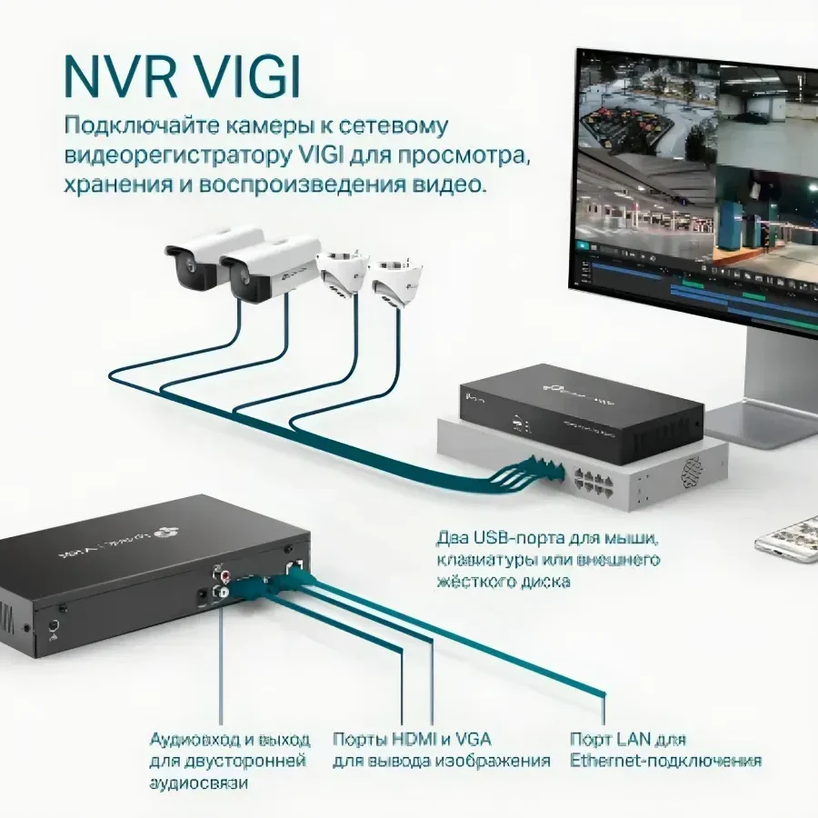 Видеорегистратор TP-Link VIGI NVR1008H, 8 канал, HDMI, VGA, SATA — 3