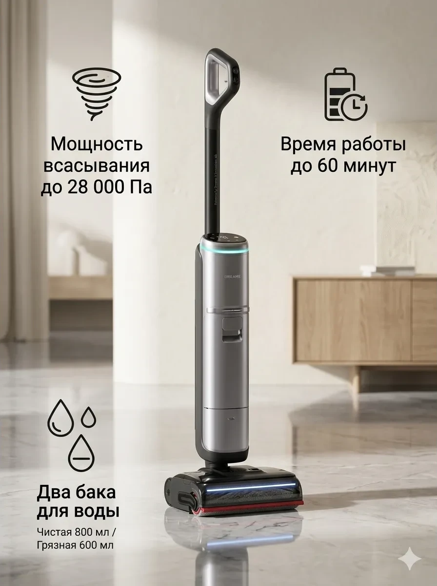 Вертикальный беспроводной моющий пылесос Dreame H16ProSteam — 2