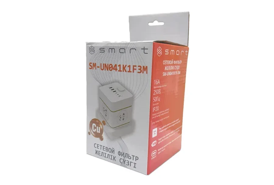 Сетевой фильтр SMART SM-UN041K1F, 10А, 3USB — 3