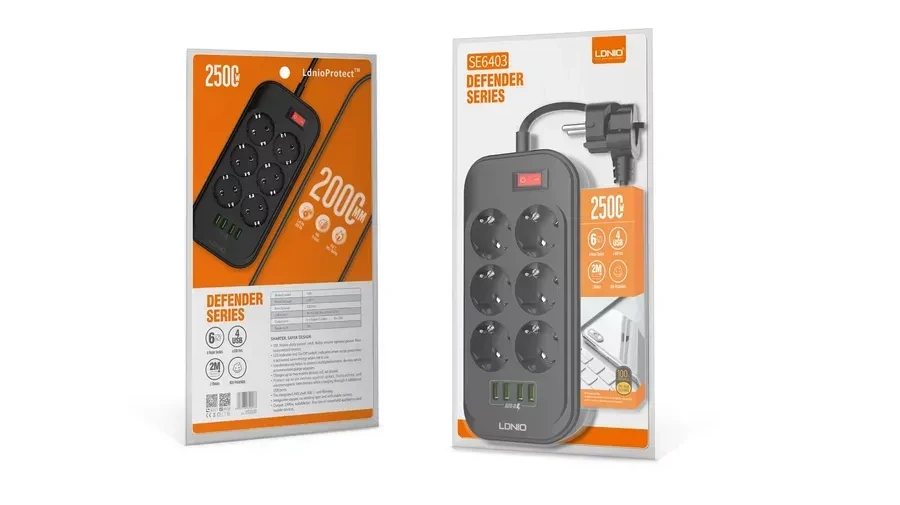 Сетевой фильтр, 6 розеток, 4 USB порта, 2500W — 2
