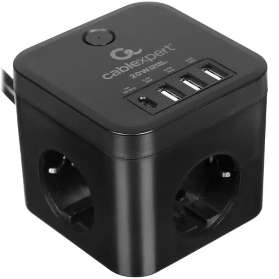 Сетевой фильтр Cablexpert Cube CUBE-3-CU3-B-1.5, 3р, 10А, 1xType-C PD, 3xUSB, 1.5м, ур.защ.4+ черный