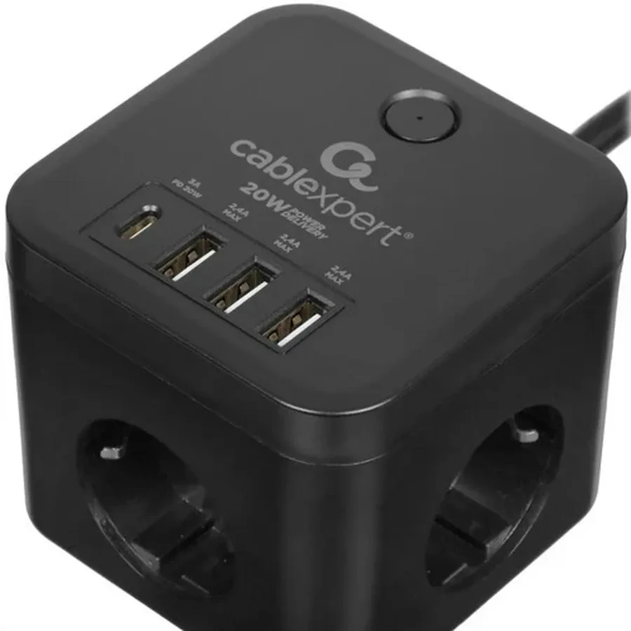 Сетевой фильтр Cablexpert Cube CUBE-3-CU3-B-1.5, 3р, 10А, 1xType-C PD, 3xUSB, 1.5м, ур.защ.4+ черный — 3
