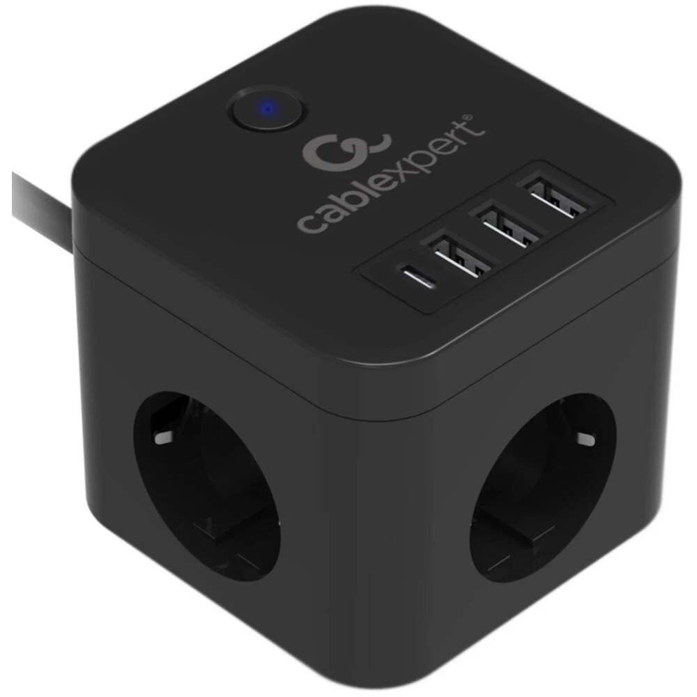 Сетевой фильтр Cablexpert Cube CUBE-3-CU3-B-1.5, 3р, 10А, 1xType-C PD, 3xUSB, 1.5м, ур.защ.4+ черный — 5