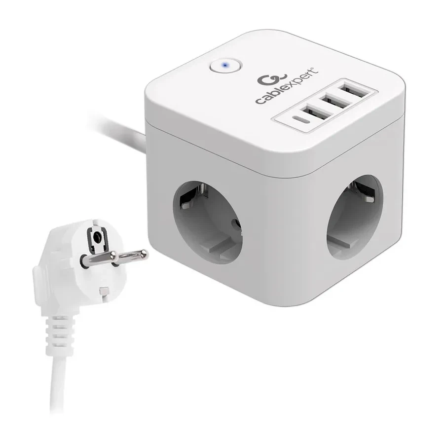 Сетевой фильтр Cablexpert Cube CUBE-3-CU3-W-1.5, 3р, 10А, 1xType-C PD, 3xUSB, 1.5м, ур.защ.4+ белый