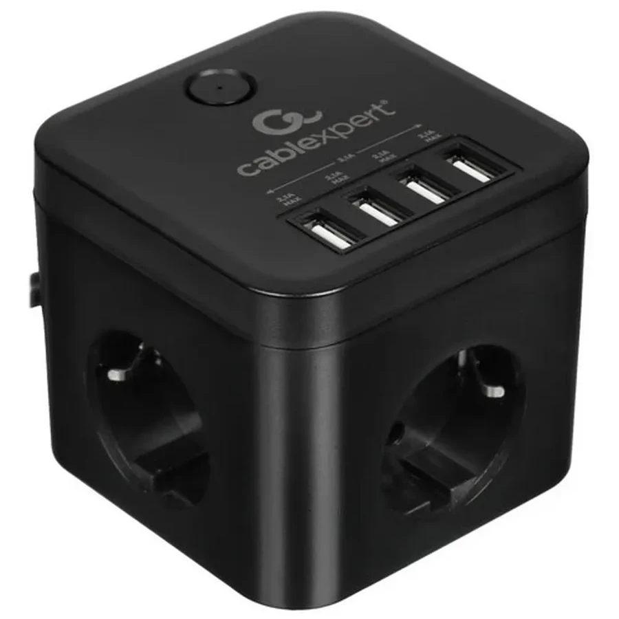 Сетевой фильтр Cablexpert Cube CUBE-3-U4-B-1.5, 3р, 10А, 4хUSB, 1.5м, ур.защиты 4+, коробка черный
