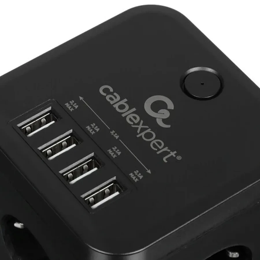 Сетевой фильтр Cablexpert Cube CUBE-3-U4-B-1.5, 3р, 10А, 4хUSB, 1.5м, ур.защиты 4+, коробка черный — 3