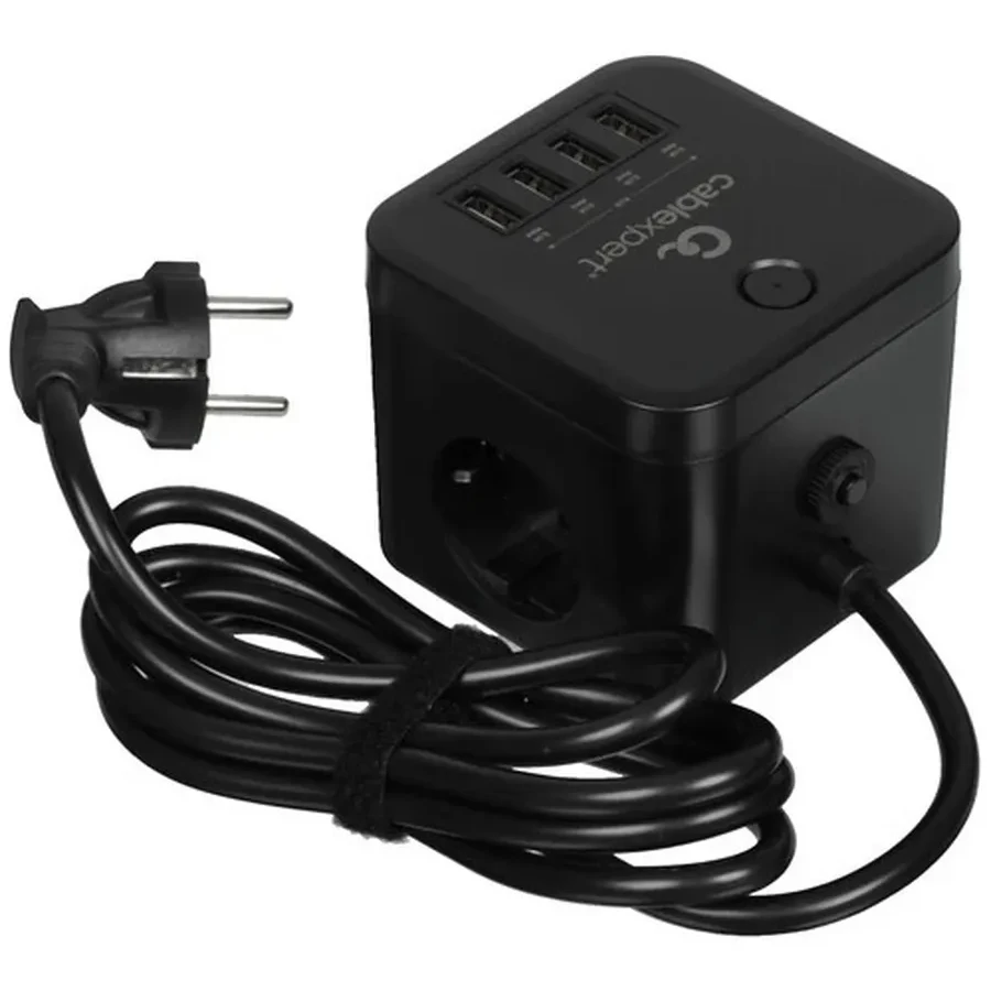Сетевой фильтр Cablexpert Cube CUBE-3-U4-B-1.5, 3р, 10А, 4хUSB, 1.5м, ур.защиты 4+, коробка черный — 4