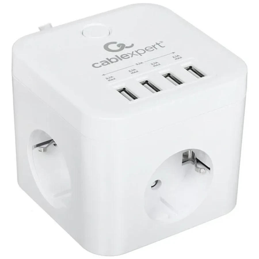 Сетевой фильтр Cablexpert Cube CUBE-3-U4-W-1.5, 3р, 10А, 4хUSB, 1.5м, ур.защиты 4+, коробка белый