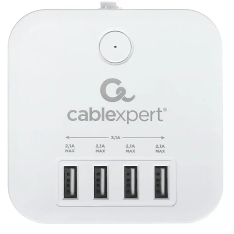 Сетевой фильтр Cablexpert Cube CUBE-3-U4-W-1.5, 3р, 10А, 4хUSB, 1.5м, ур.защиты 4+, коробка белый — 3