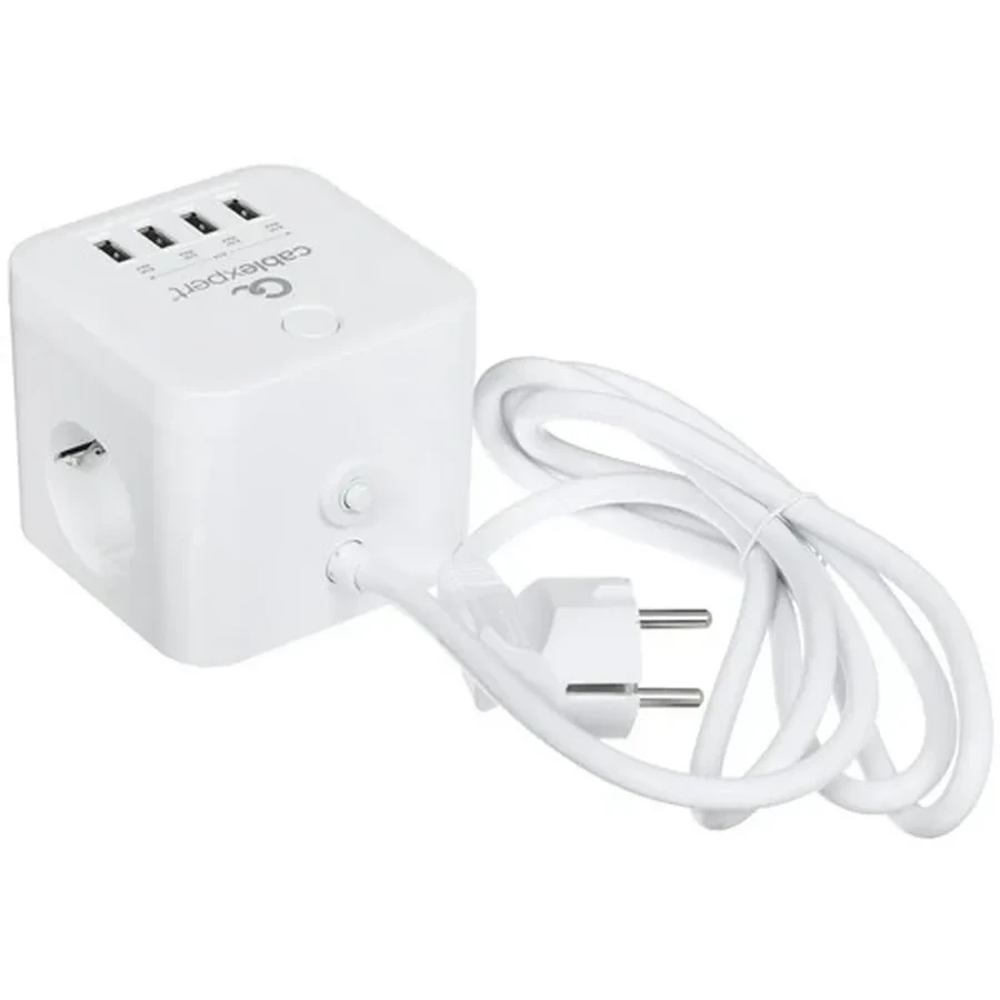 Сетевой фильтр Cablexpert Cube CUBE-3-U4-W-1.5, 3р, 10А, 4хUSB, 1.5м, ур.защиты 4+, коробка белый — 4