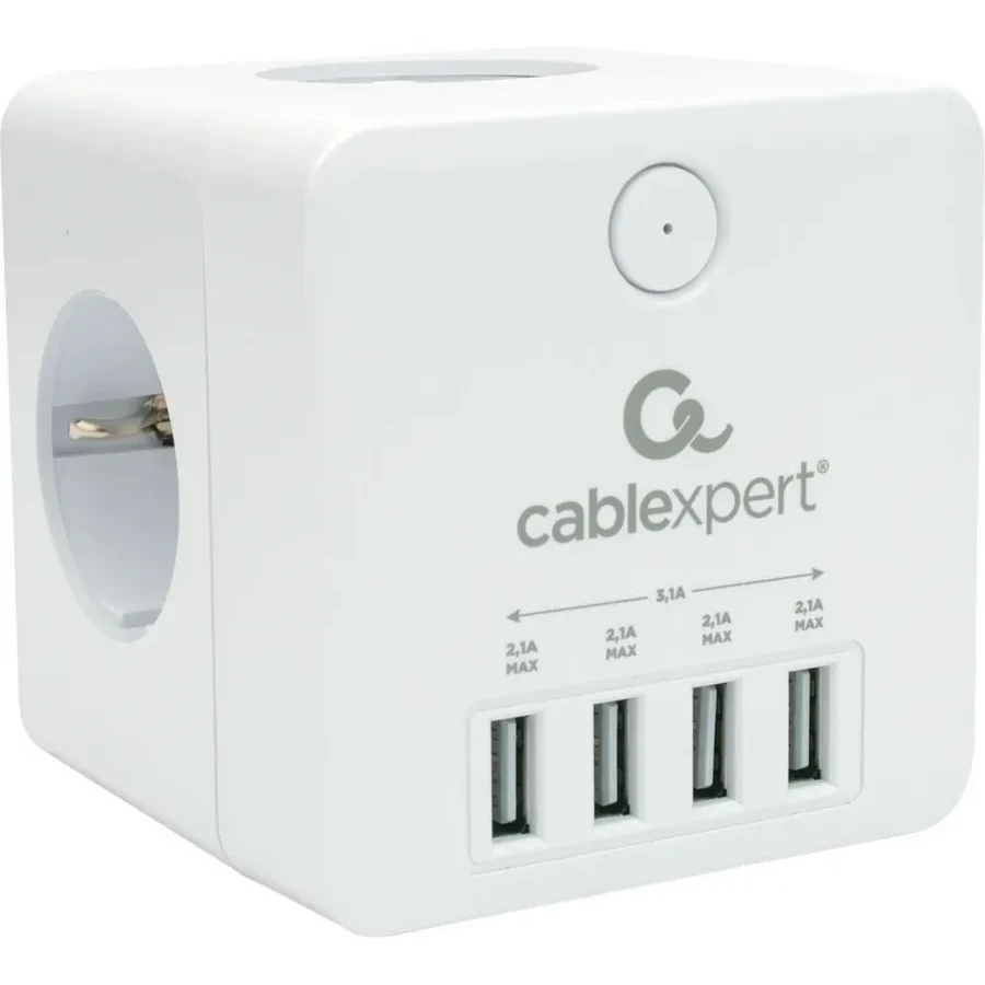 Сетевой фильтр Cablexpert Cube, CUBE-4-CU3-W, 4р, 16А, 1xType-C PD, 3хUSB, ур.защ. 2+, коробка белый