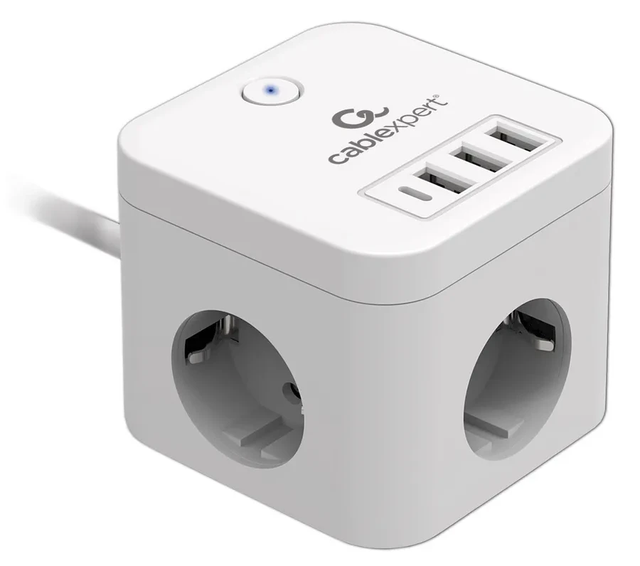 Сетевой фильтр Cablexpert Cube, CUBE-4-CU3-W, 4р, 16А, 1xType-C PD, 3хUSB, ур.защ. 2+, коробка белый — 2